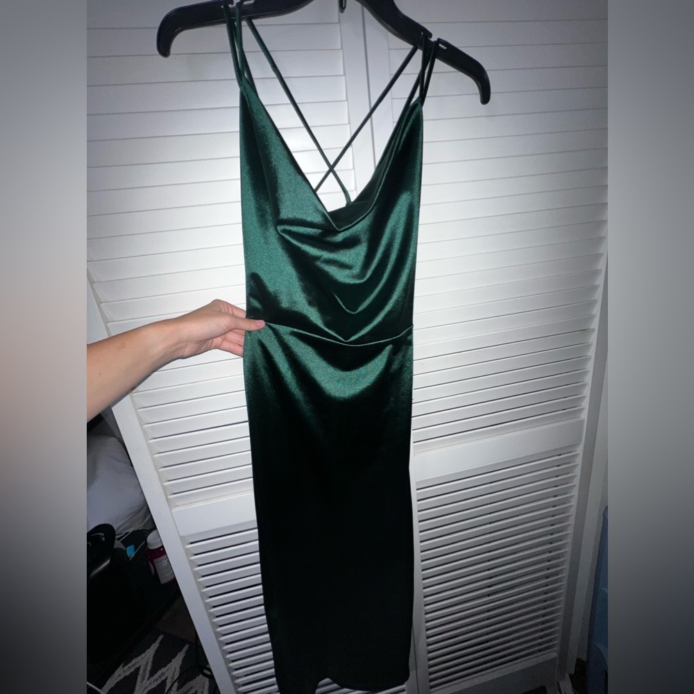 Windsor Satin Midi Dress w/ side slit in Hunter Green